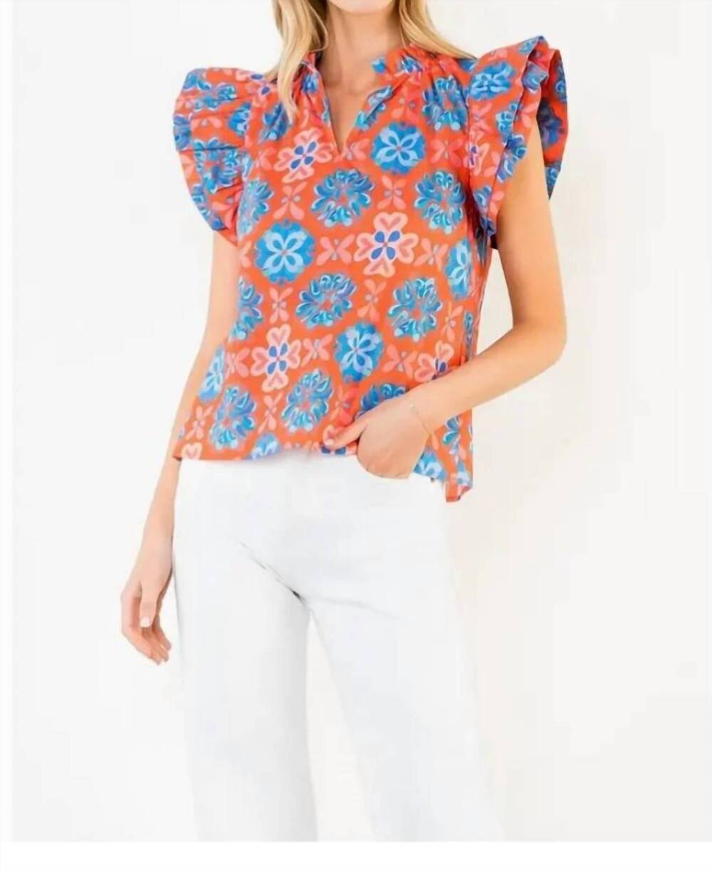 NEW THML floral print ruffle sleeve blouse in bright blue & red